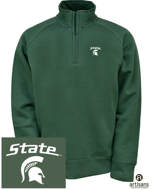 Forest green Michigan State Spartans quarter-zip fleece pullover with a stand-up collar and short front zipper. A white embroidered "State" wordmark and Spartan helmet logo are displayed on the left chest. The sweatshirt features long sleeves, rib-knit cuffs, and a rib-knit hem. An inset image shows the full white Michigan State Spartans logo on a matching green background. Artisans Apparel logo appears in the lower-right corner.
