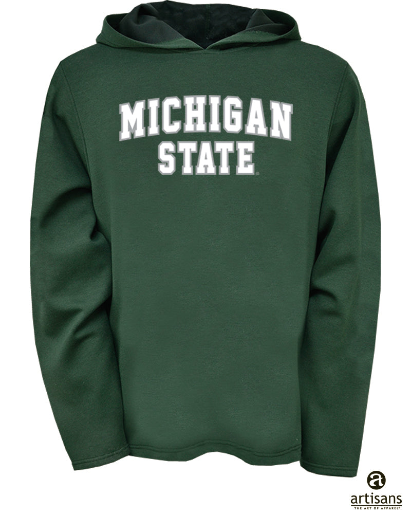 Green hoodie with "Michigan State" written in white block letters that are outlined in gray. 