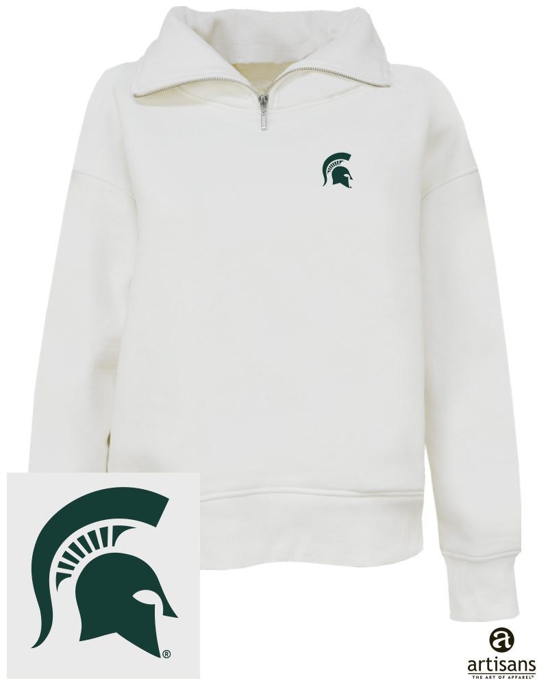 Women's white quarter-zip. It has an oversized collar that folds over. On left chest is a green embroidered spartan helmet. 