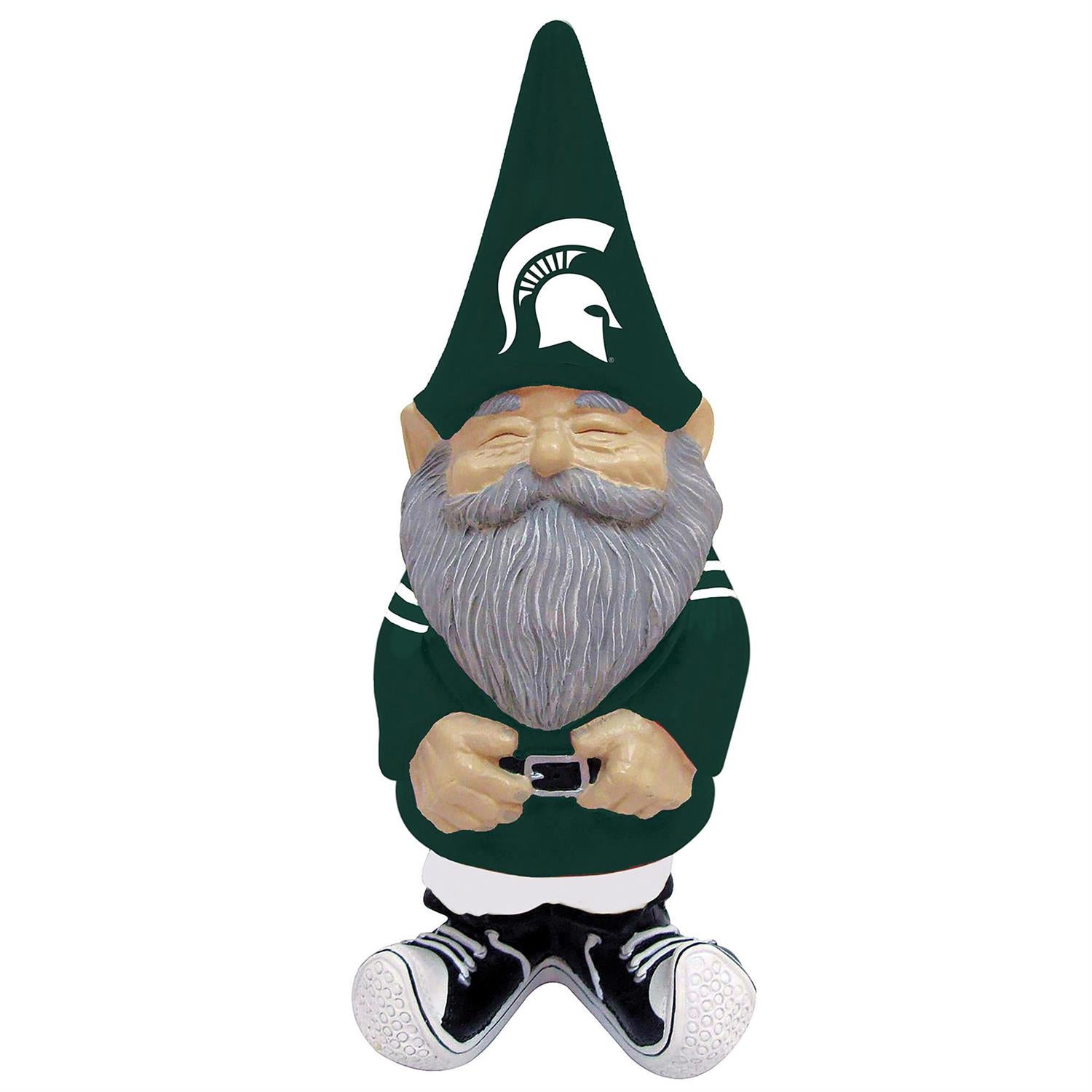 Garden gnome with a green hat and gray beard. The gnome's hat has a white Spartan helmet logo on it. Shown on a white background. 
