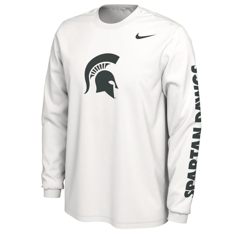 A white long-sleeve t-shirt with a green Spartan helmet logo in the center chest and a green Nike swoosh on the upper left chest. The left sleeve reads "Spartan Dawgs."