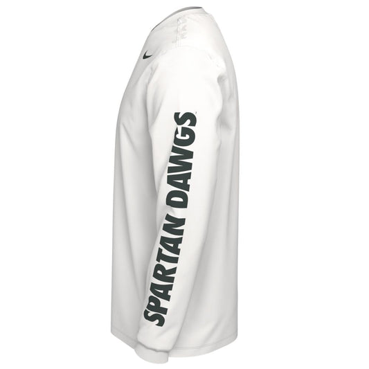 A white long-sleeve T-shirt. The left sleeve reads "Spartan Dawgs."