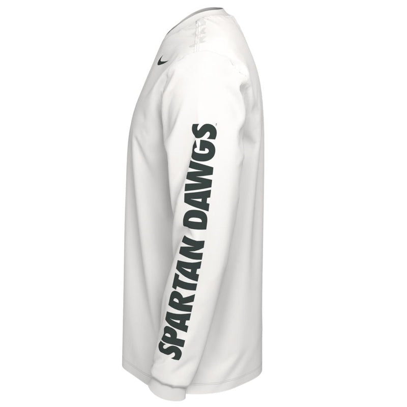 A white long-sleeve t-shirt. The left sleeve reads "Spartan Dawgs."