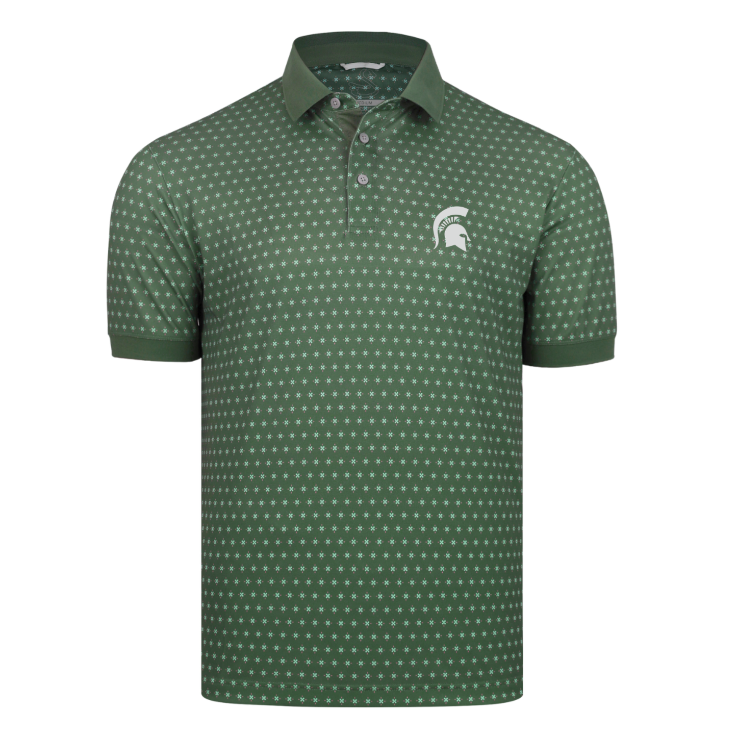 Green Michigan State Spartans performance polo with an all-over geometric micro-print, embroidered white Spartan helmet logo on the left chest, short sleeves, and a three-button collar.