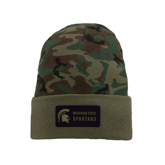 Camouflage beanie with Michigan State Spartans logo patch on front cuff.