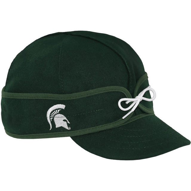 Green wool cap with a white embroidered Spartan Helmet on the right side, a flannel lining, and a pull-down ear band with a white string attached. 