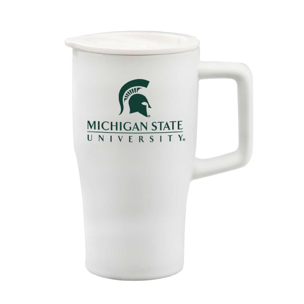 White ceramic travel mug with white lid. Printed on up half of mug is a green Spartan helmet logo with Michigan State under helmet. Under Michigan State is a line under the words, below line is University. 