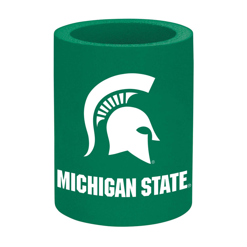 Green can cooler with white Michigan State Spartans Helmet and text.