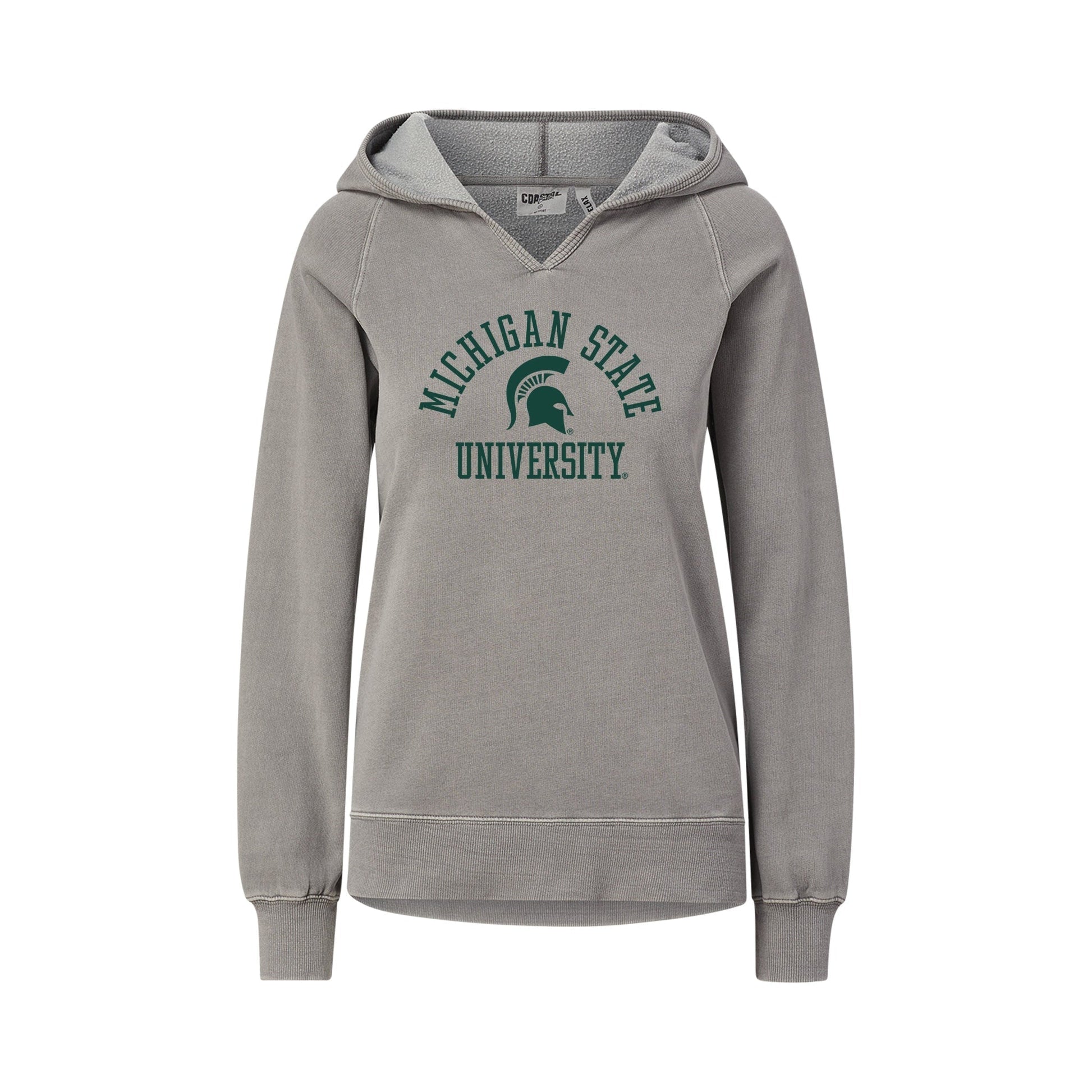 Gray hoodie with green "Michigan State University" and Spartan Helmet logo.