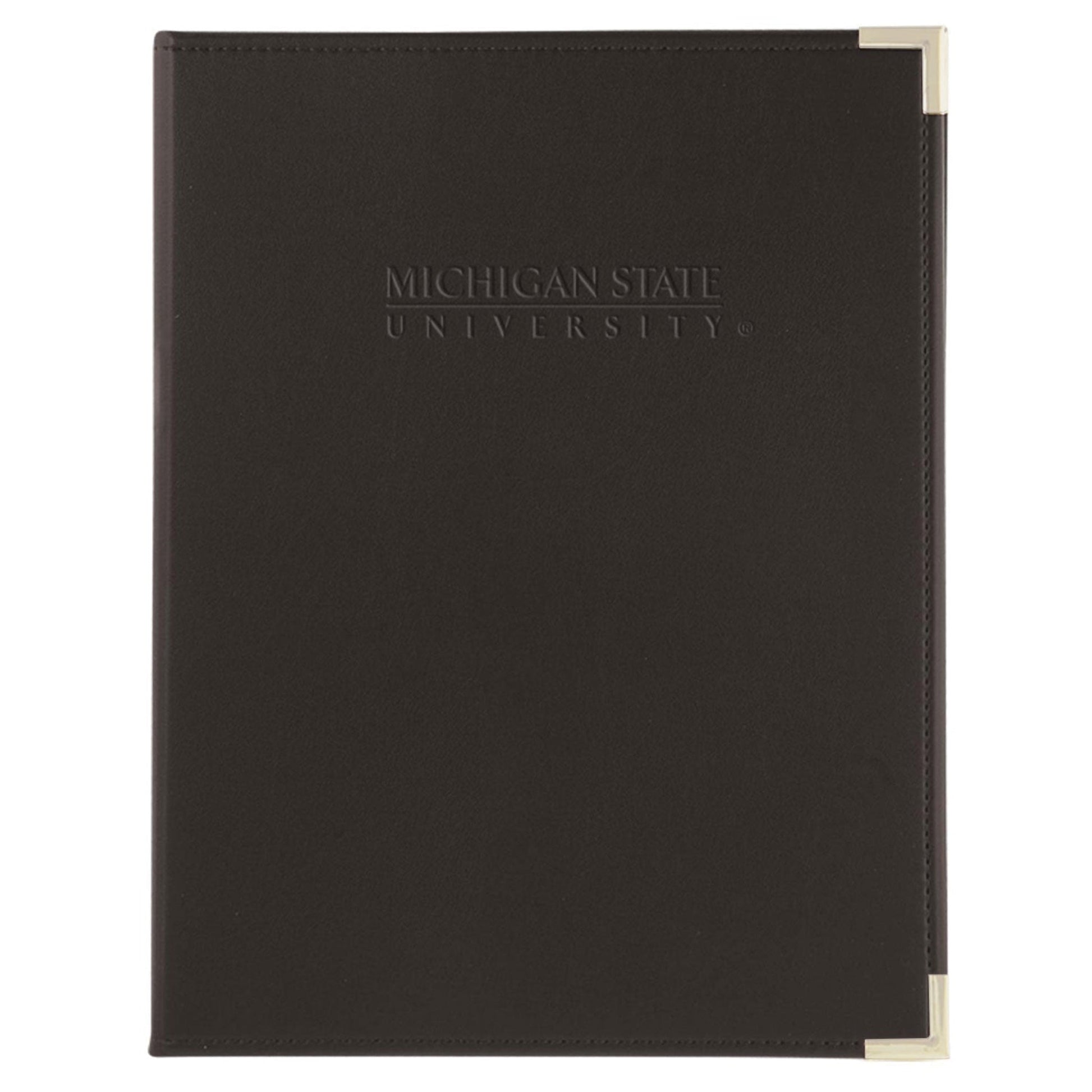 Black leather folder with 'MICHIGAN STATE UNIVERSITY' embossed on the front cover and metallic corner reinforcements