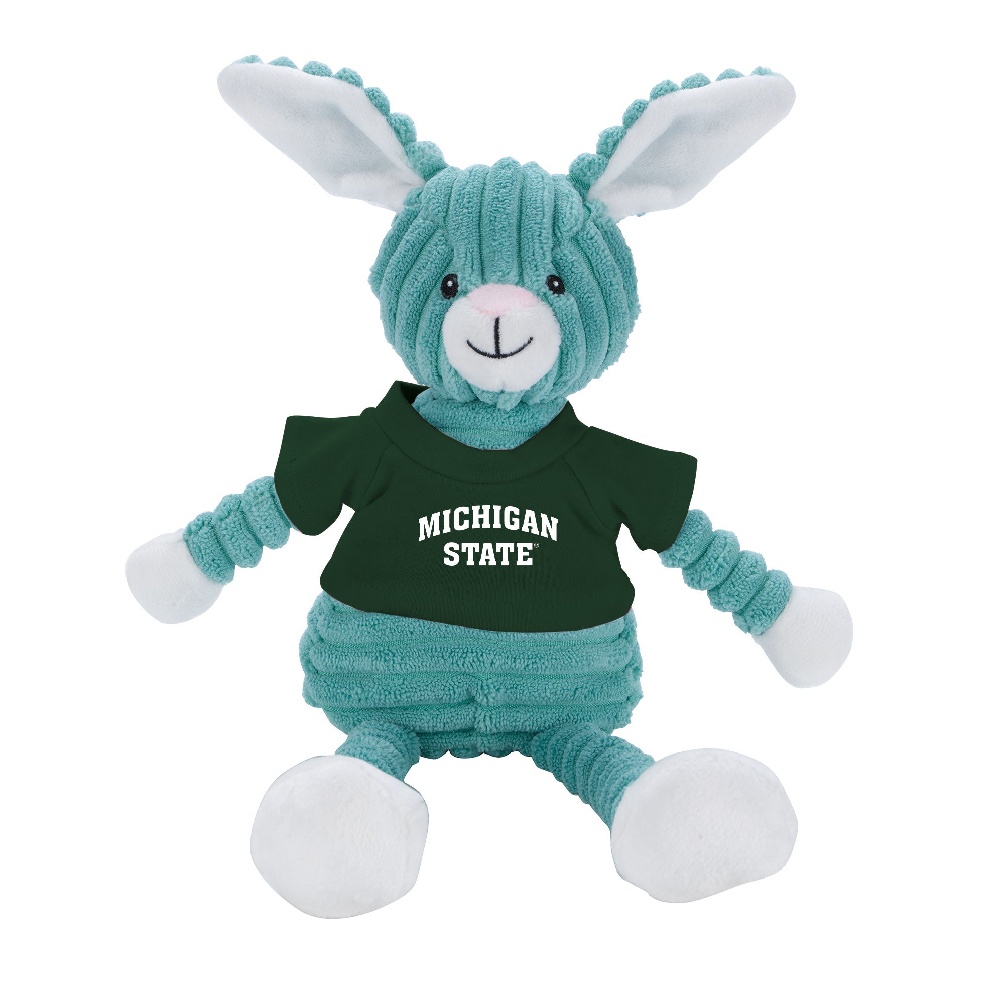 Plush rabbit toy with teal body and white ears, wearing a green T-shirt with a Michigan State wordmark on the front in white. Shown on a white background.