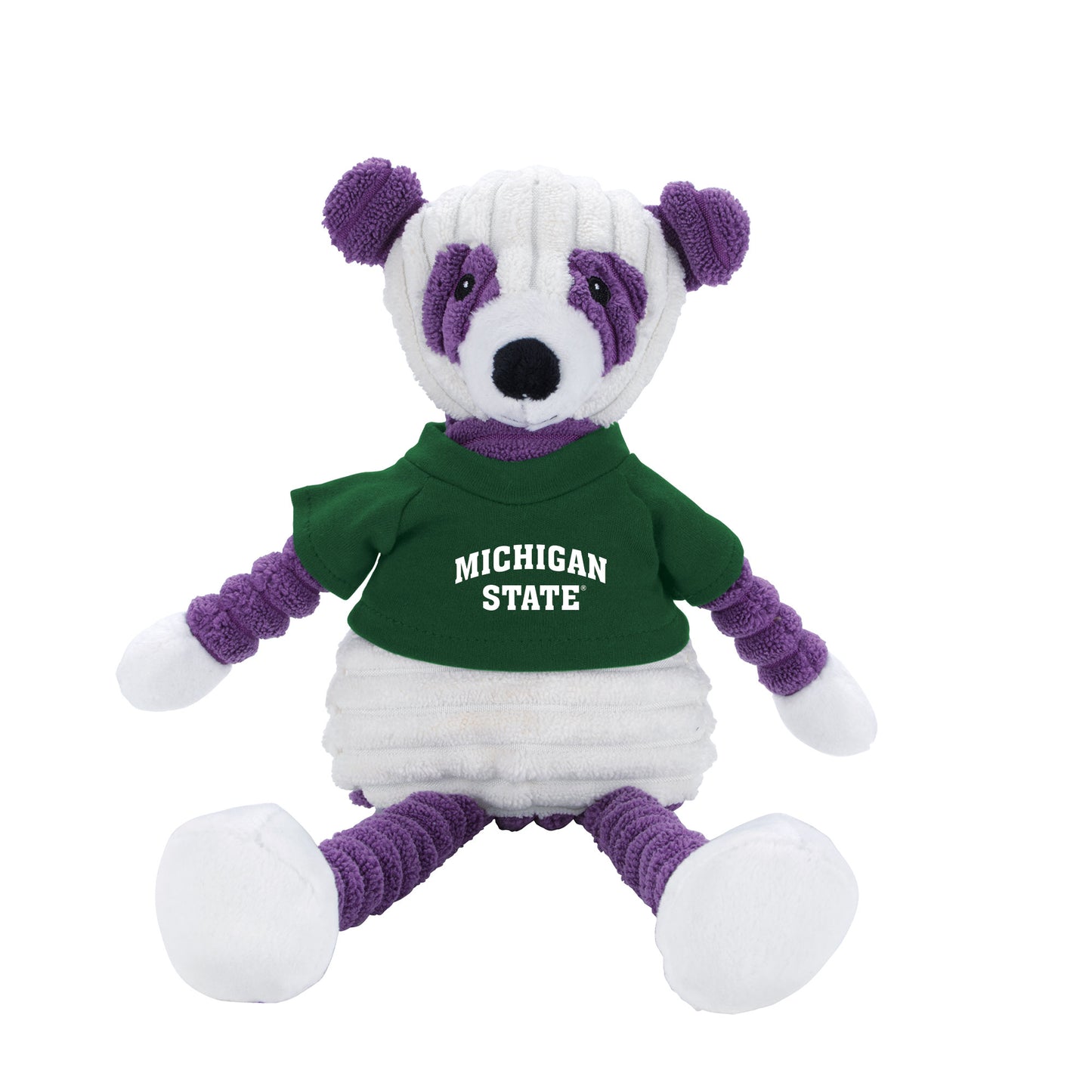 Purple plush panda toy, wearing a green T-shirt with a Michigan State wordmark on the front in white. Shown on a white background.