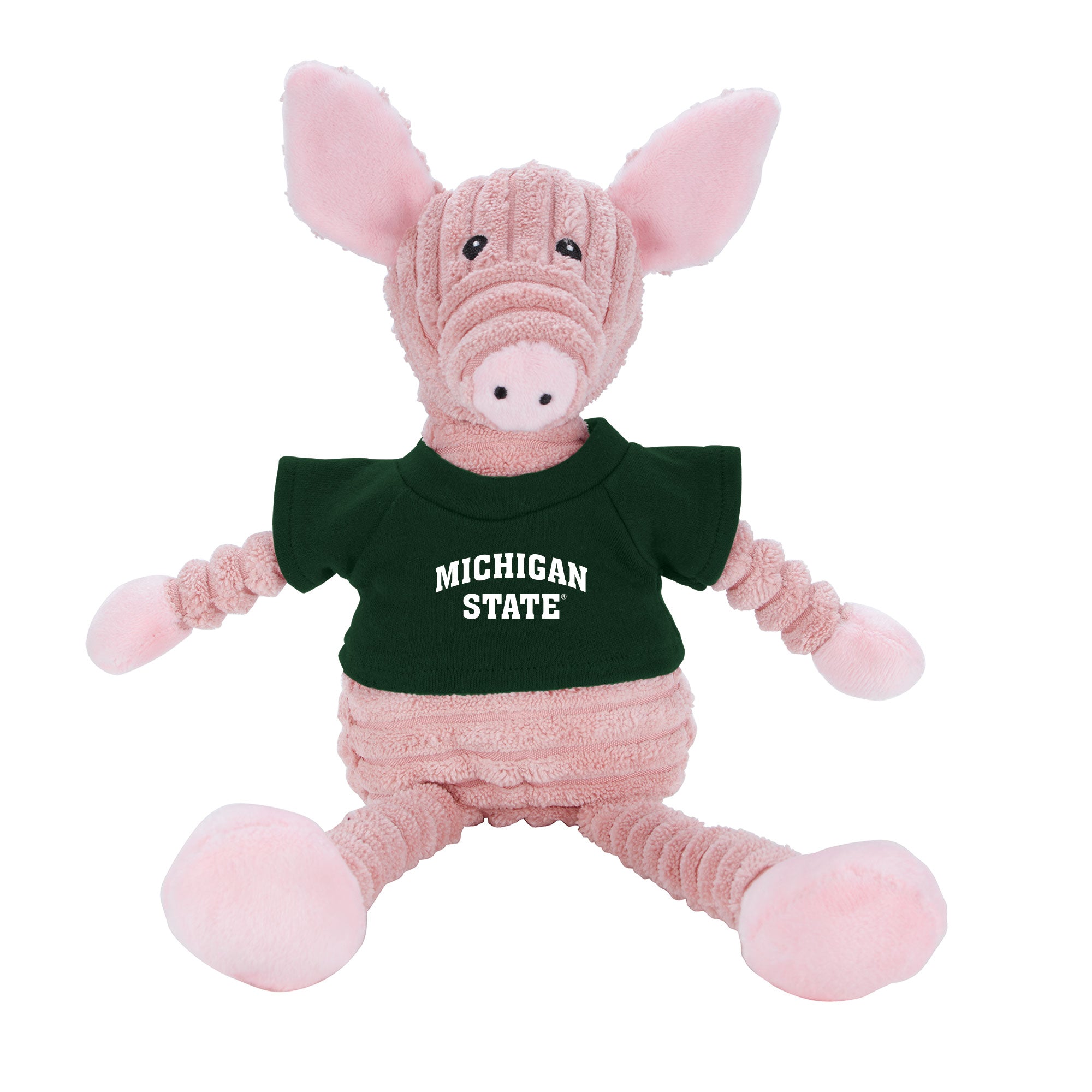 Plush pig toy, wearing a green T-shirt with a Michigan State wordmark on the front in white. Shown on a white background.