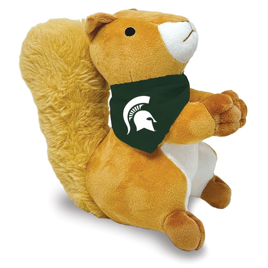 Brown squirrel stuffed animal with green bandana. White Spartan helmet on green bandana. 