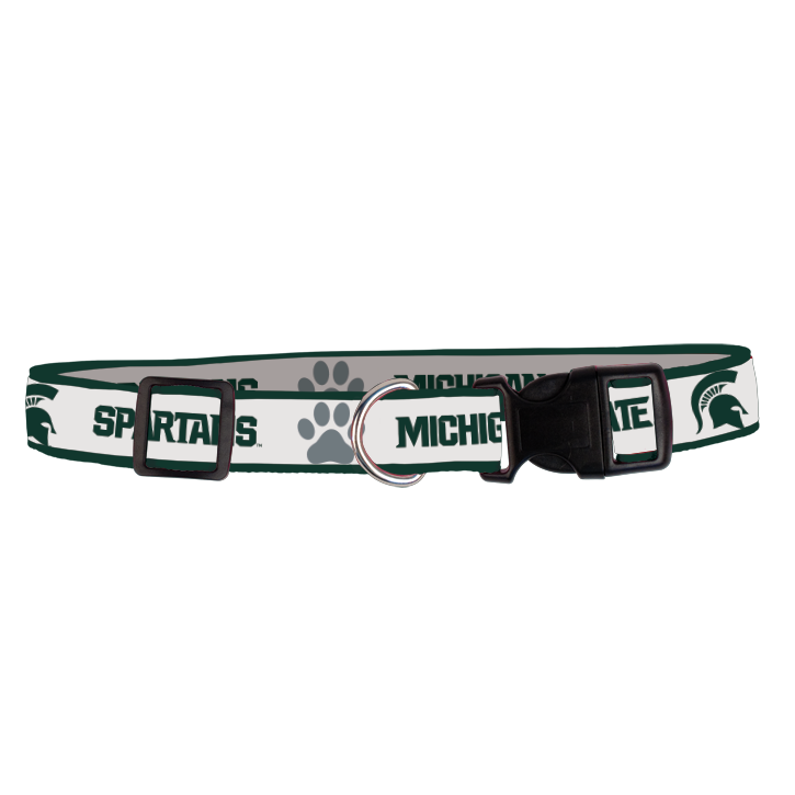 Green dog collar featuring the Michigan State Spartans logo, paw prints, and the words 'SPARTANS' and 'MICHIGAN STATE'; includes an adjustable buckle and metal ring for leash attachment.