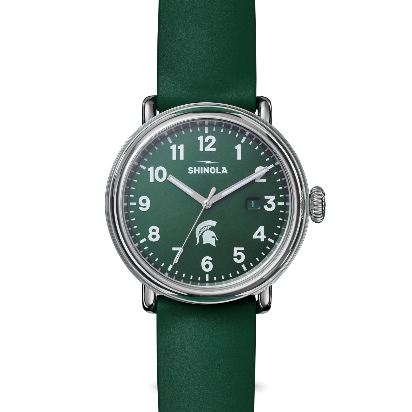 Green Shinola watch with green face and strap featuring white numbers and a white Spartan Helmet logo. Stainless-steel watch casing. 