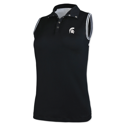 Black sleeveless polo with white stripes on the shoulder cuff, silver snap buttons that extend onto the collar, and a white Spartan Helmet logo on the upper left chest. 