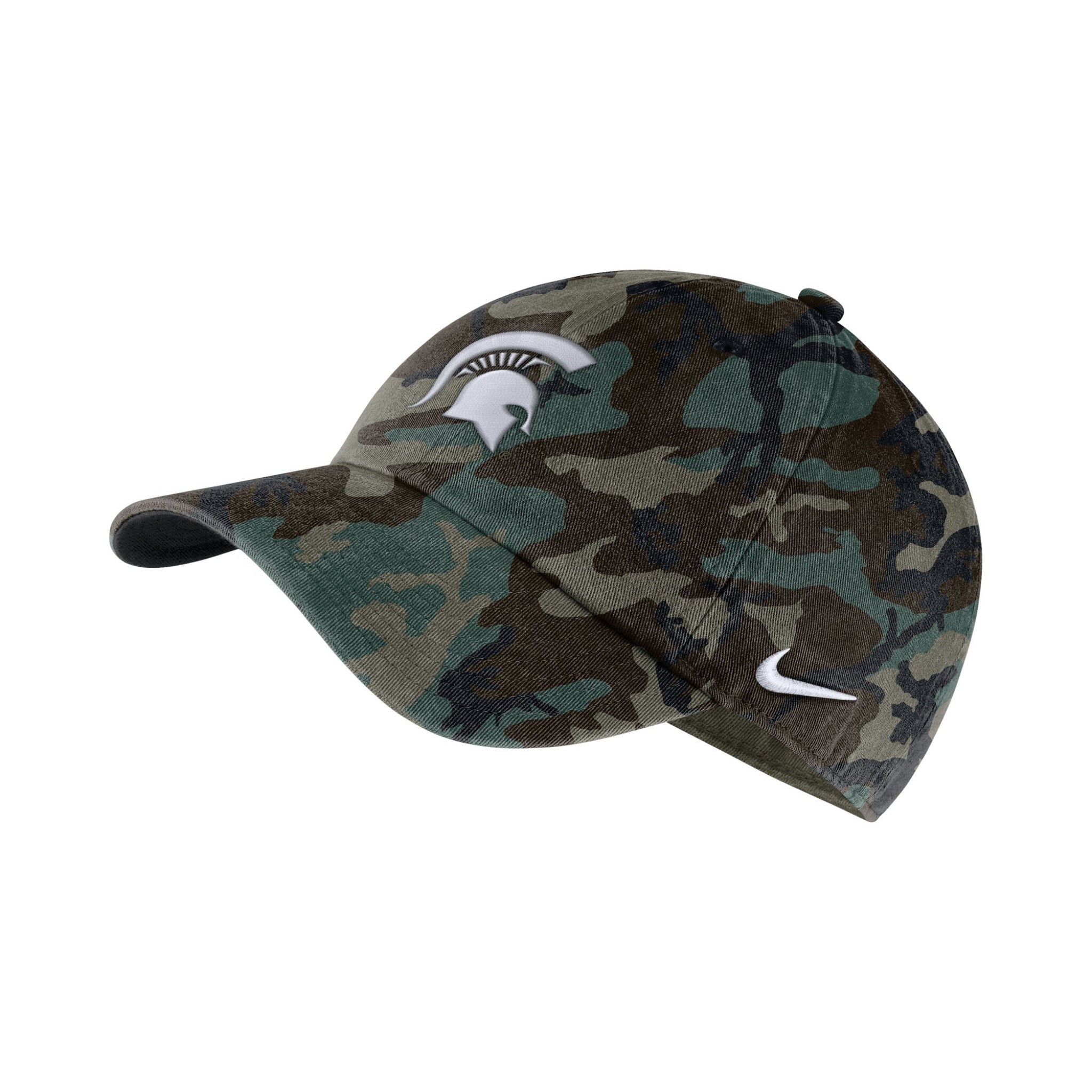 A camouflage Nike H86 cap with an adjustable strapback closure, white Spartan head logo on the front, and white Nike logo on the side.