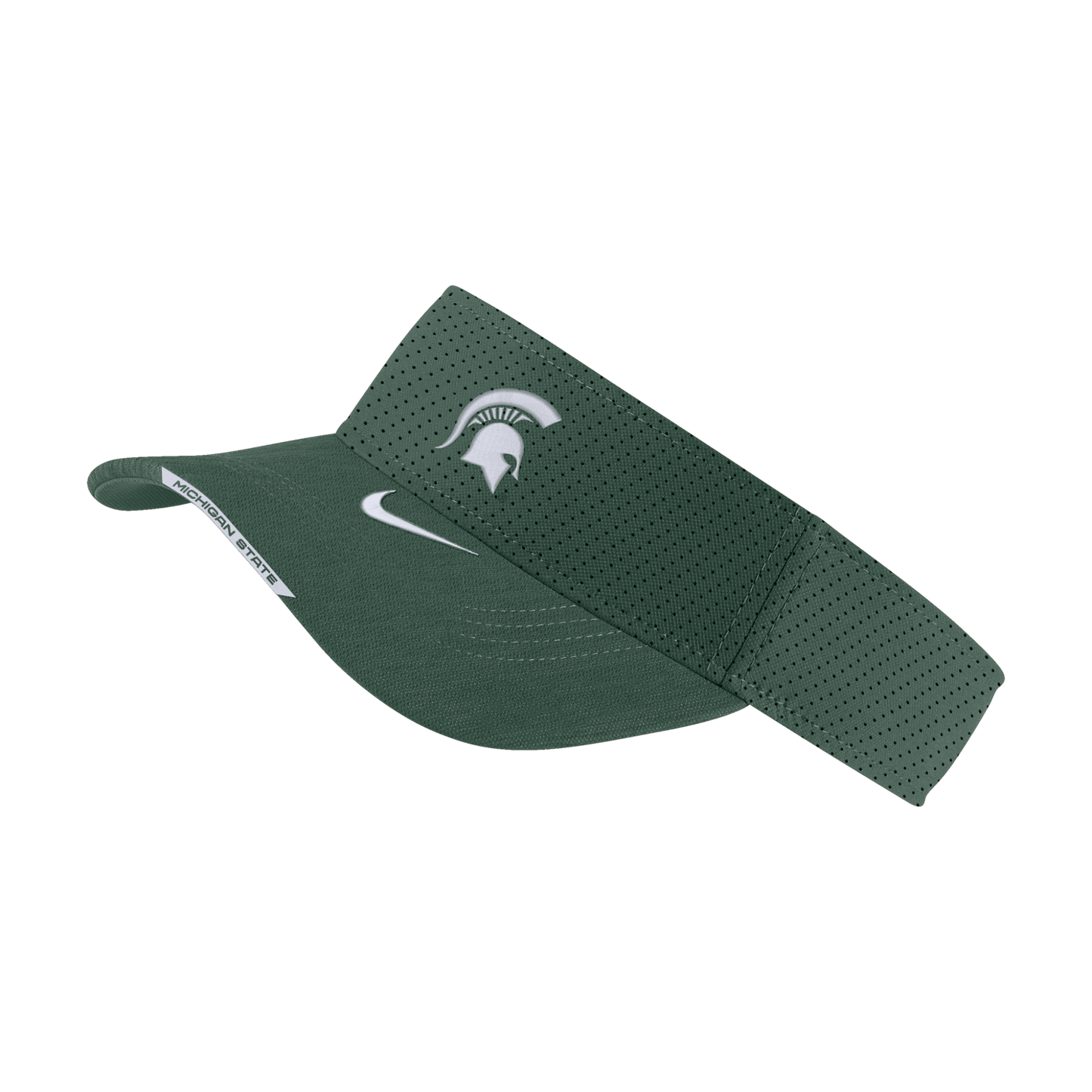 A green Nike AeroBill visor with a hook-and-loop closure and a white embroidered Spartan Helmet logo on the front, white embroidered Nike logo on the bill, and the words "Michigan State" on the edge of the bill. 