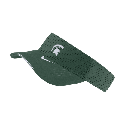 A green Nike AeroBill visor with a hook-and-loop closure and a white embroidered Spartan Helmet logo on the front, white embroidered Nike logo on the bill, and the words "Michigan State" on the edge of the bill. 