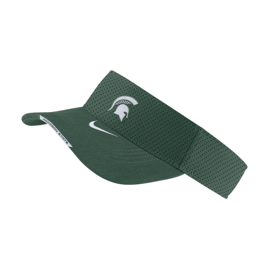 A green Nike AeroBill visor with a hook-and-loop closure and a white embroidered spartan head logo on the front, white embroidered Nike logo on the bill, and the words "Michigan State" on the edge of the bill. 