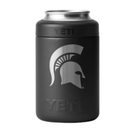 A black stainless steel can cooler with a silver Spartan Helmet in the middle.