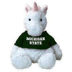 White plush unicorn wearing a green “Michigan State” shirt, with pink ears and horn and soft white fur.