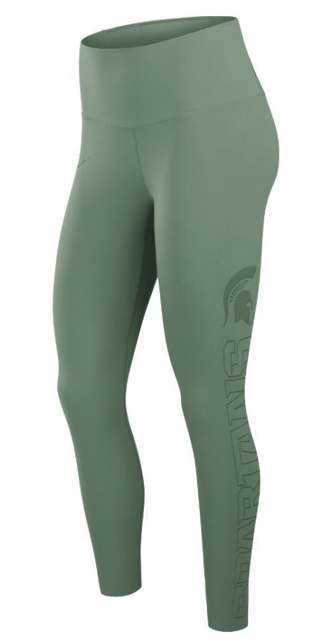 A green pair of leggings with a green Spartan helmet logo on the left leg and the word "Spartans."