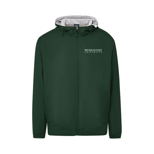 Dark green hooded jacket with a front zipper and two side pockets. 'MICHIGAN STATE UNIVERSITY' is printed in white on the left chest area.