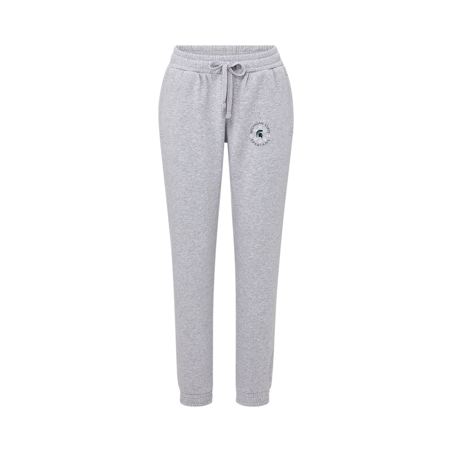 Gray sweatpants with a logo on. Shown on a white background.