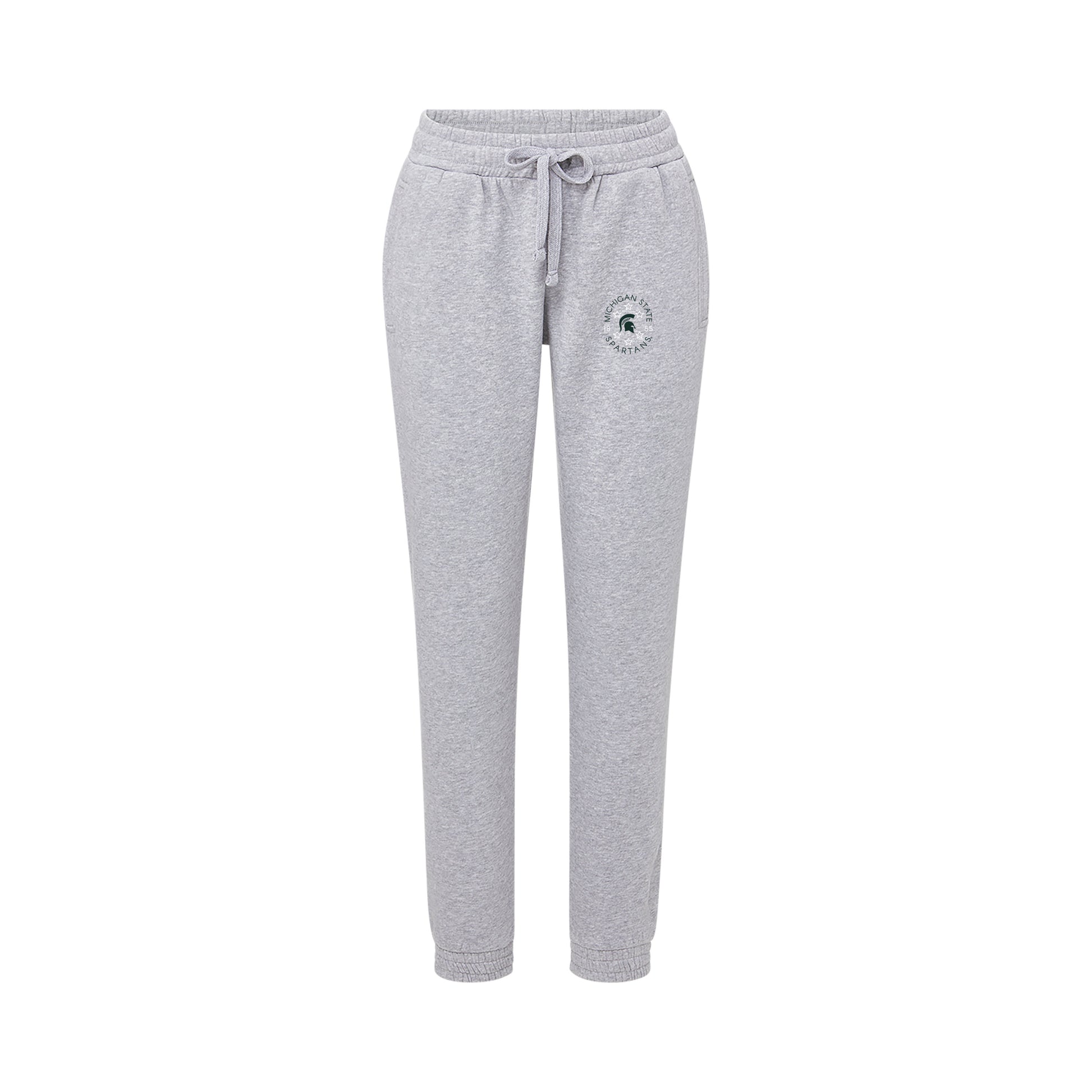 Gray sweatpants with a logo on. Shown on a white background.
