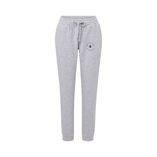 Gray sweatpants with a logo on. Shown on a white background.
