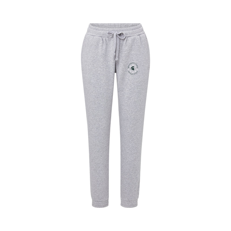 Gray sweatpants with a logo on a white background