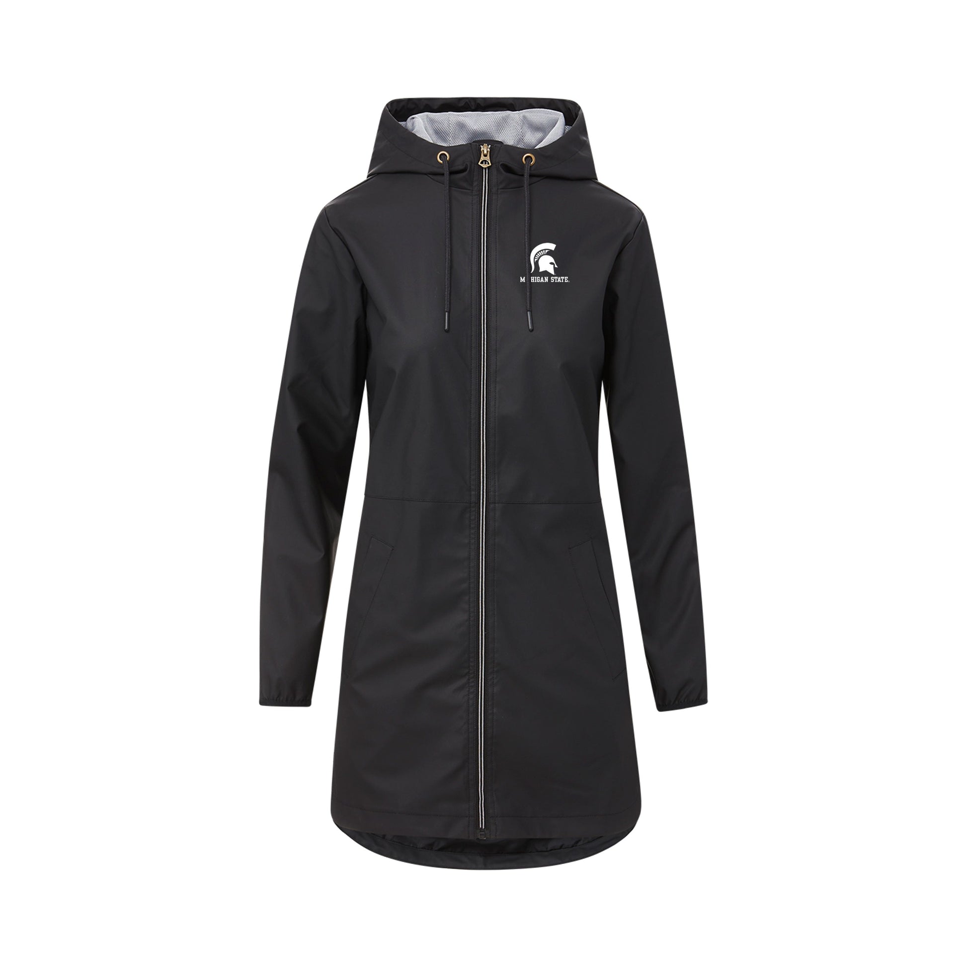 Black hooded raincoat with front zipper, long sleeves, and two front pockets. Features a small white Spartan helmet logo with 'Michigan State' text on the left chest.