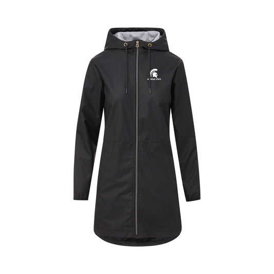 Black hooded raincoat with front zipper, long sleeves, and two front pockets. Features a small white Spartan helmet logo with 'Michigan State' text on the left chest.