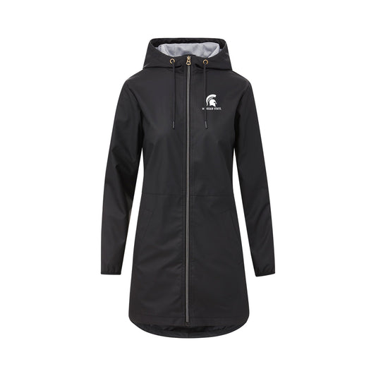 Black hooded raincoat with front zipper, long sleeves, and two front pockets. Features a small white Spartan helmet logo with 'Michigan State' text on the left chest.