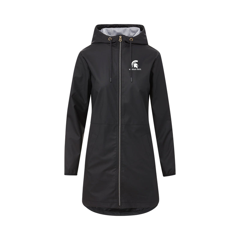 Black hooded raincoat with front zipper, long sleeves, and two front pockets. Features a small white Spartan helmet logo with 'Michigan State' text on the left chest.