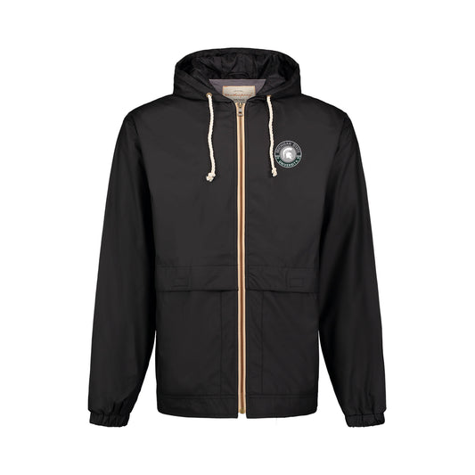 Black hooded jacket with a circle that says "Michigan State" and has Spartan Helmet in the middle with front Velcro closure pockets.