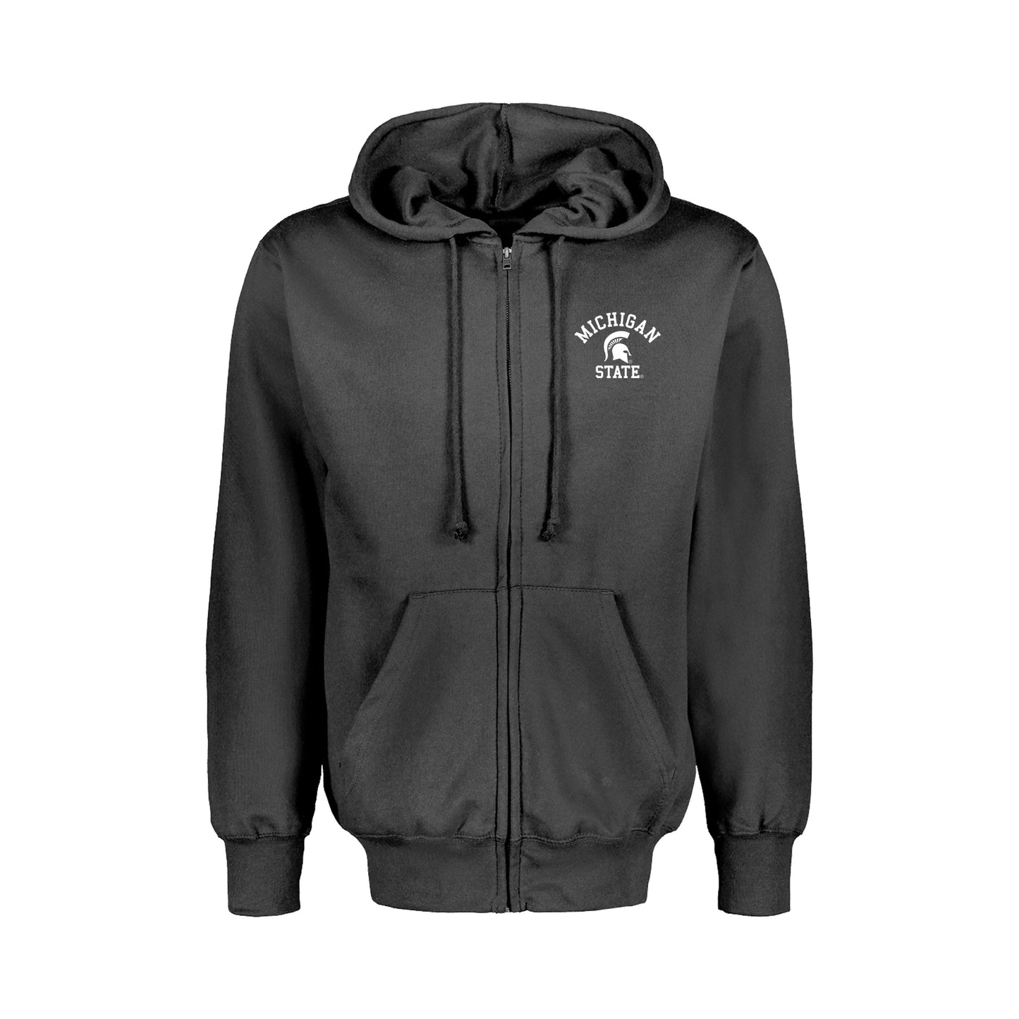 Black zip-up hoodie with hood and drawstrings, two front pockets, and 'MICHIGAN STATE' text with Spartan helmet logo on the left chest.