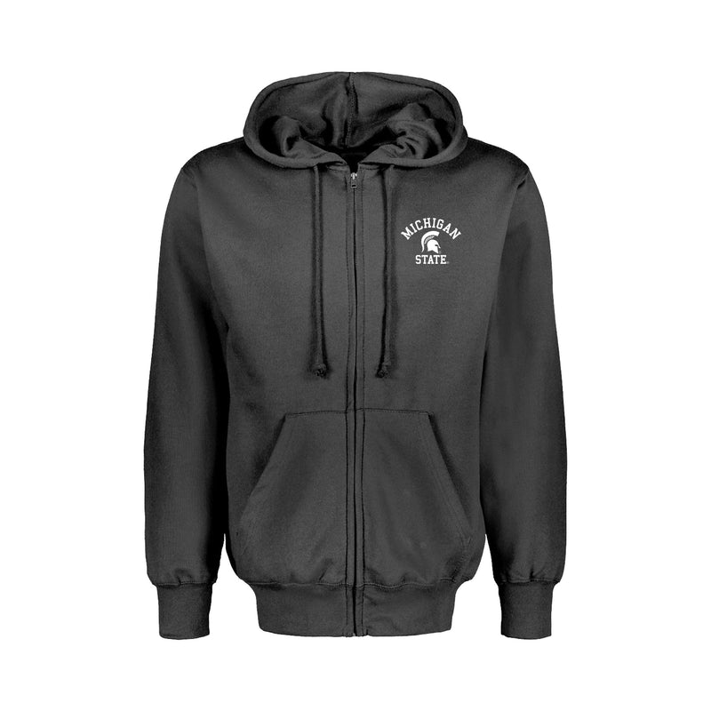 Black zip-up hoodie with hood and drawstrings, two front pockets, and 'MICHIGAN STATE' text with Spartan helmet logo on the left chest.