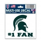 Decal that has a green Spartan Helmet logo and "#1 Fan" written underneath in green. 