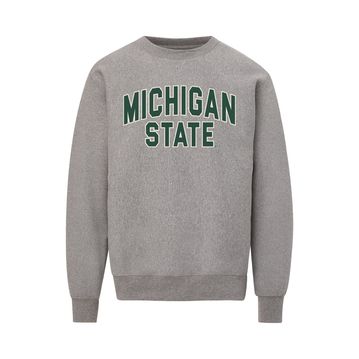 Gray crewneck sweatshirt with green and white arched “MICHIGAN STATE” lettering across the chest, featuring long sleeves, rib-knit cuffs and waistband, and a classic pullover design.