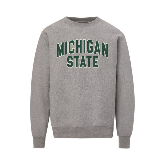 Gray crewneck sweatshirt with green and white arched “MICHIGAN STATE” lettering across the chest, featuring long sleeves, rib-knit cuffs and waistband, and a classic pullover design.