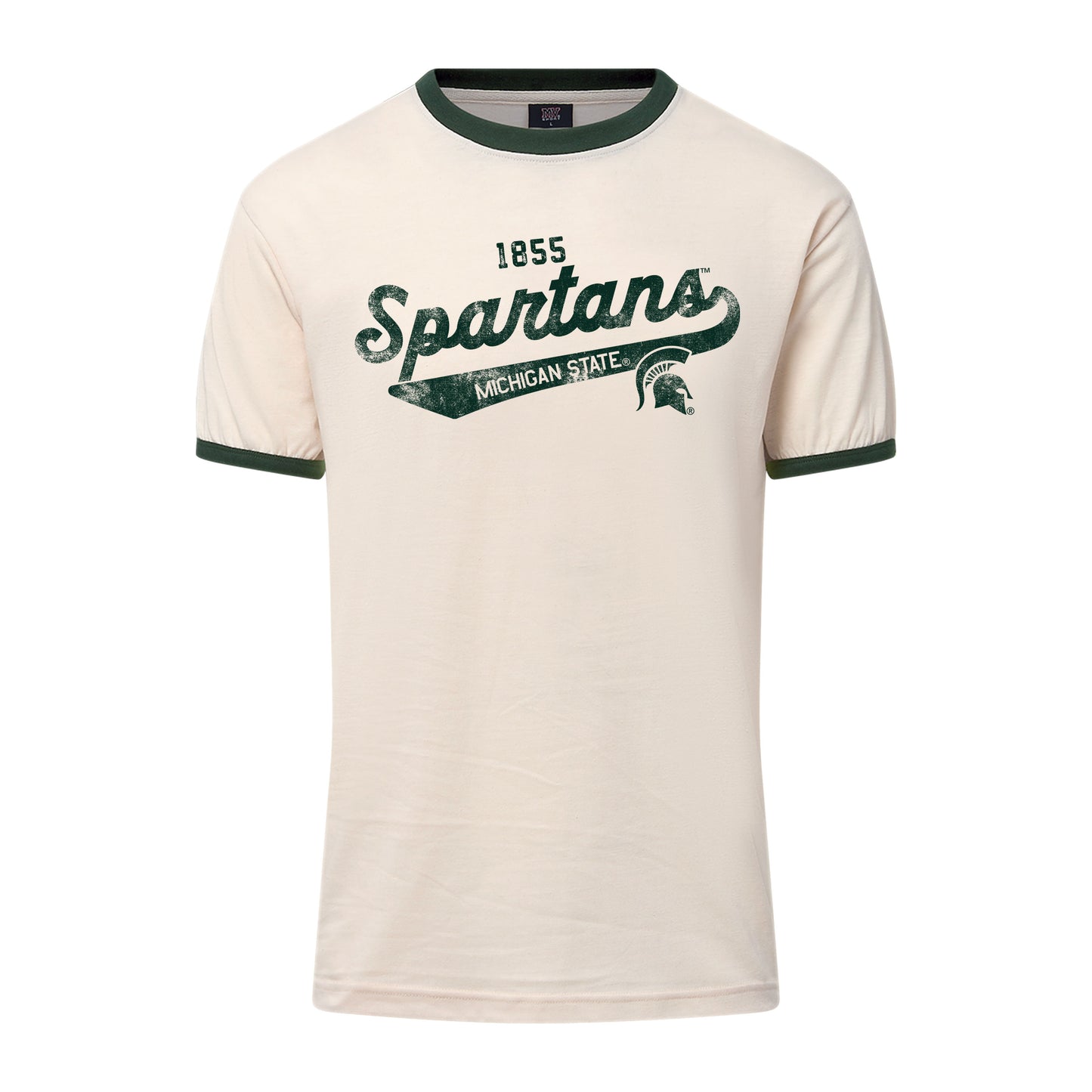 Off white T-shirt with a green collar and cuffs, green Spartan Helmet logo, and stacked text that reads "1855 Spartans Michigan State."