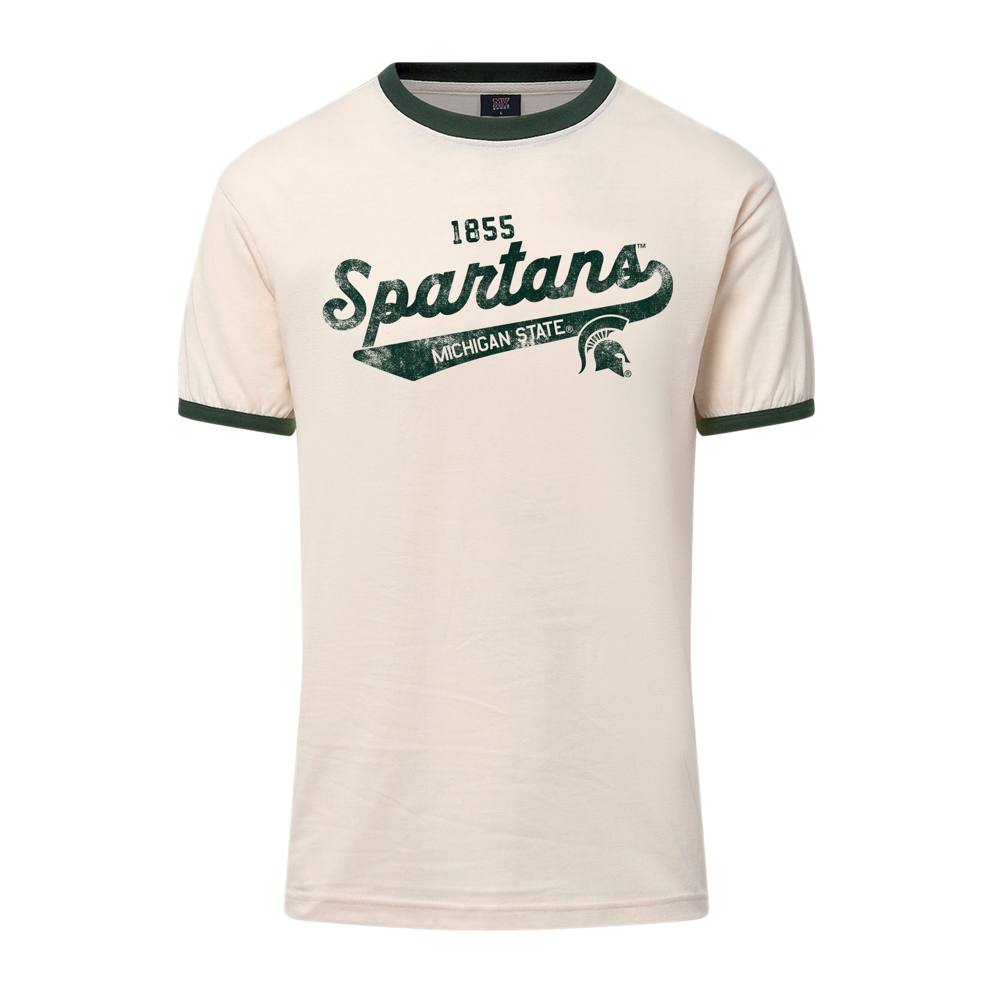 Off white T-shirt with a green collar and cuffs, green Spartan Helmet logo, and stacked text that reads "1855 Spartans Michigan State."