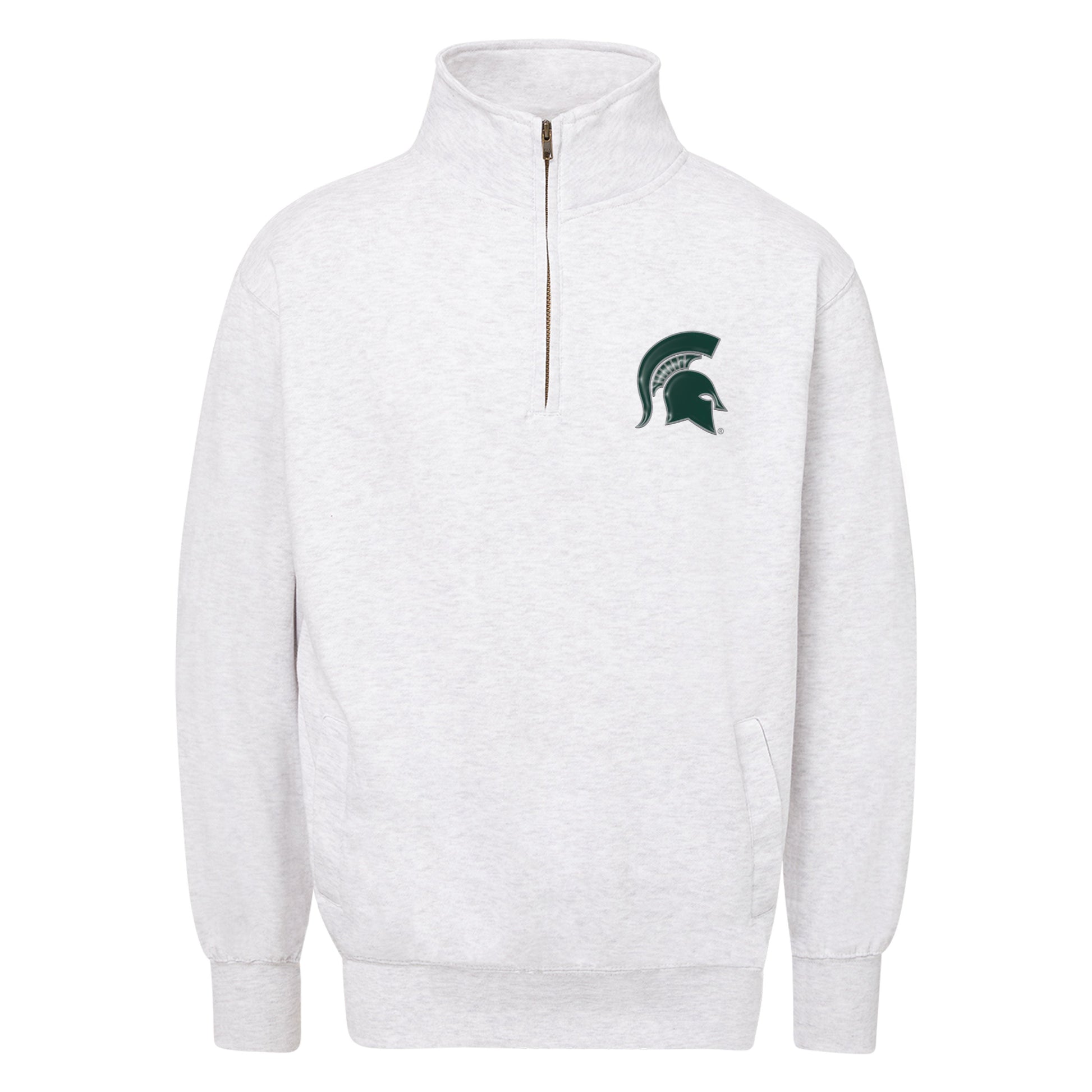 Light heathered gray Michigan State Spartans quarter-zip pullover sweatshirt featuring a green Spartans helmet logo on the chest, stand-up collar, front zipper, kangaroo pocket, and ribbed cuffs and hem.