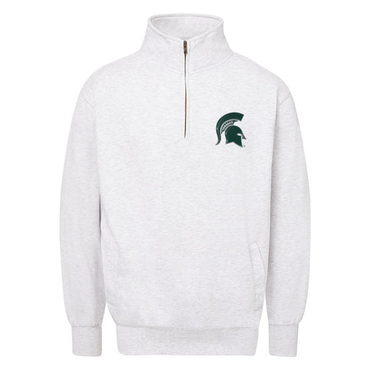 Light heathered gray Michigan State Spartans quarter-zip pullover sweatshirt featuring a green Spartans helmet logo on the chest, stand-up collar, front zipper, kangaroo pocket, and ribbed cuffs and hem.