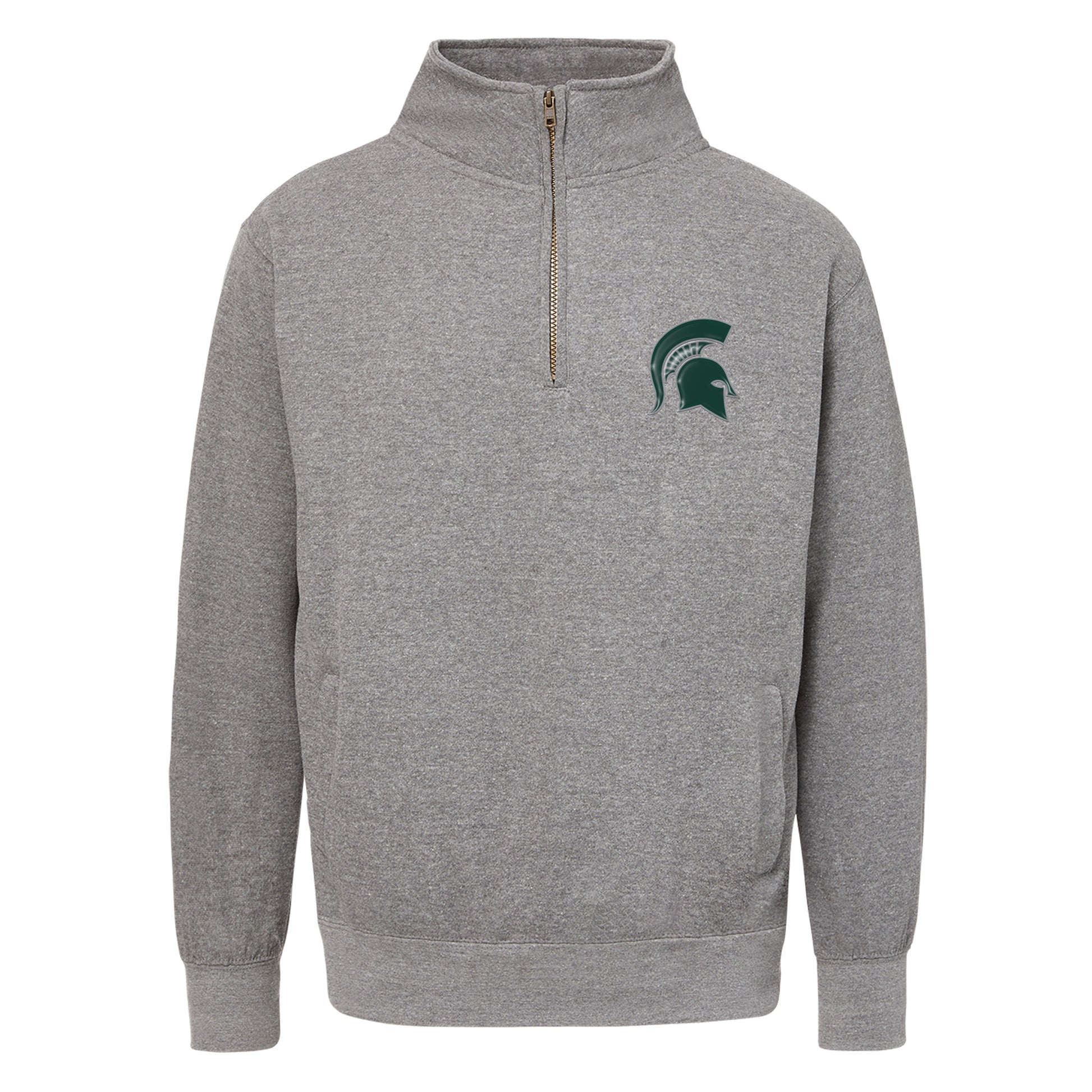 Grey quarter-zip pullover with a green embroidered spartan helmet on the left chest. 