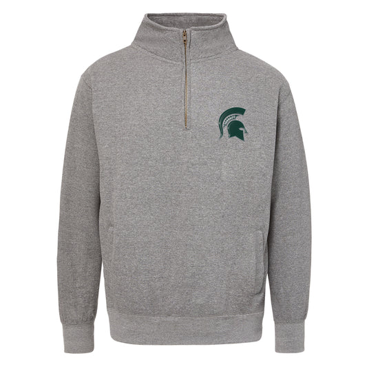 Grey quarter-zip pullover with a green embroidered spartan helmet on the left chest. 