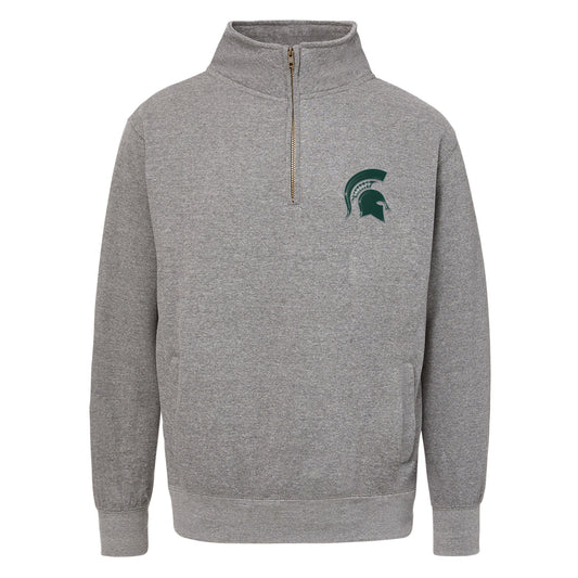 Gray Michigan State Spartans quarter-zip pullover sweatshirt featuring a green Spartans helmet logo on the chest, stand-up collar, front zipper, kangaroo pocket, and ribbed cuffs and hem.